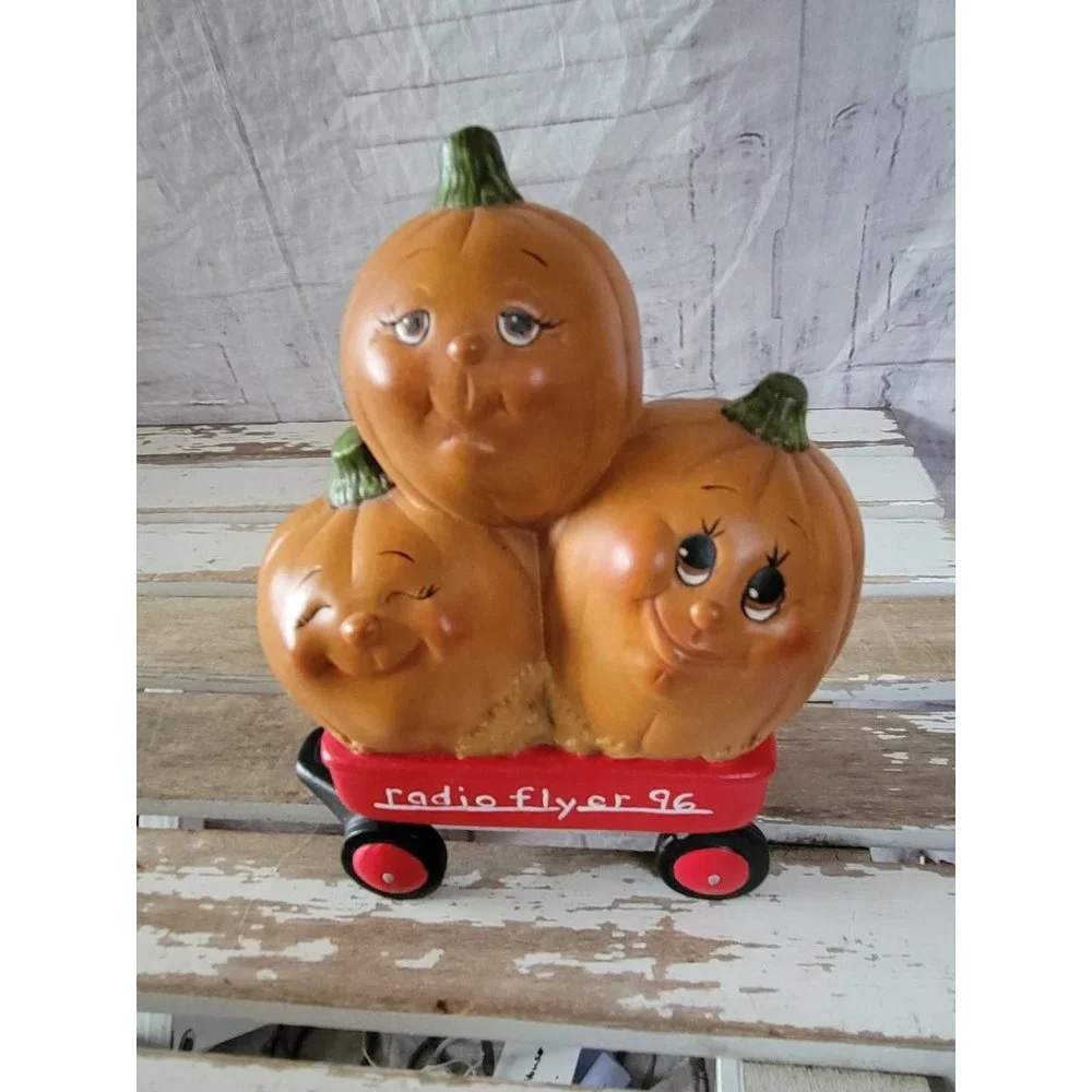Ceramic pumpkin steampunk radio flyer‎ wagon Halloween prop kitchen home decor